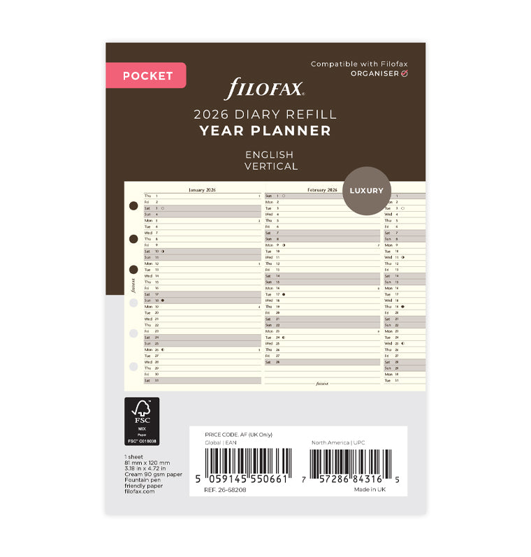 Vertical Year Planner - Pocket Cotton Cream 2026 English