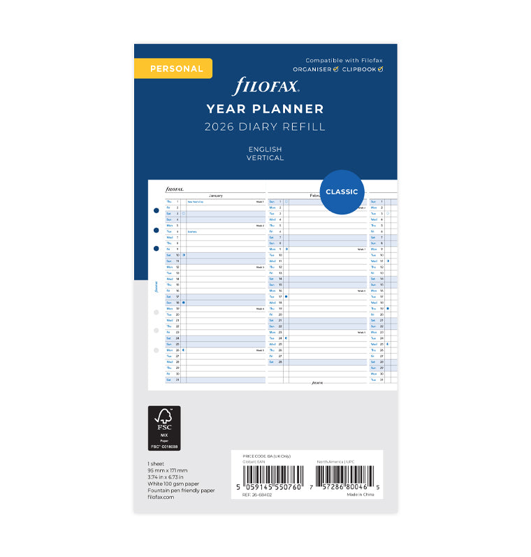 Vertical Year Planner - Personal 2026 English