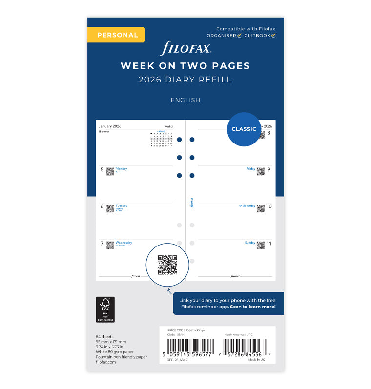 Filofax 2026 Personal Diary Refill – Week On Two Pages – Classic Paper Insert 26-68421