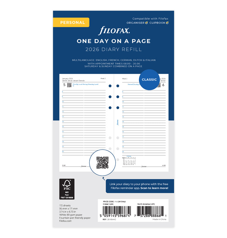 Filofax One Day On A Page Diary With Appointments - Personal 2026 Multilanguage 26-68442