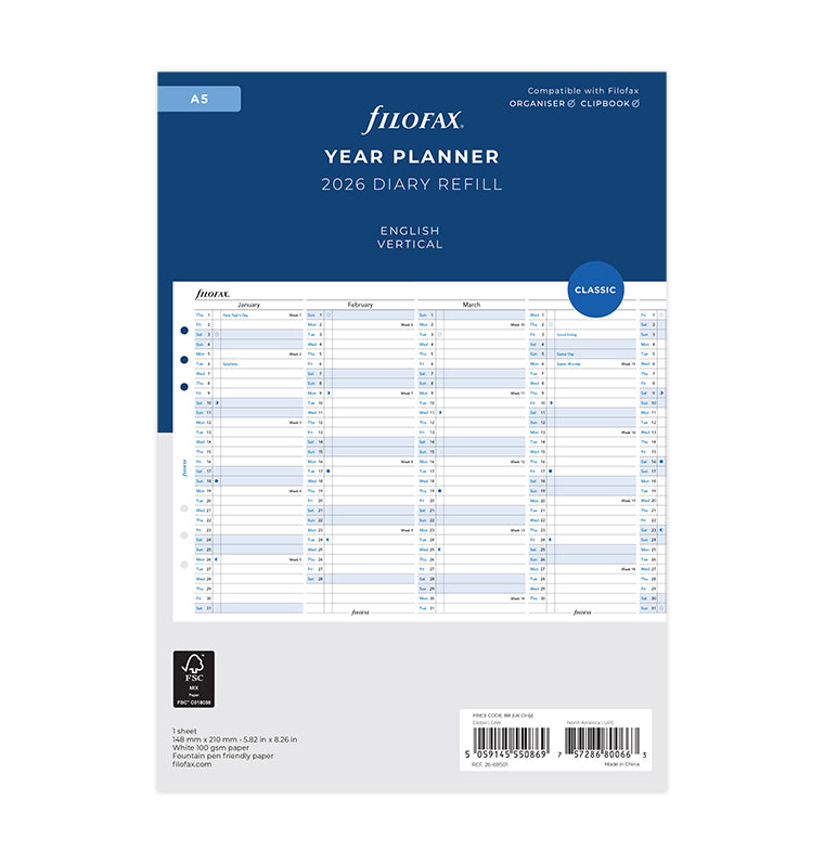 Vertical Year Planner - A5 2026 English