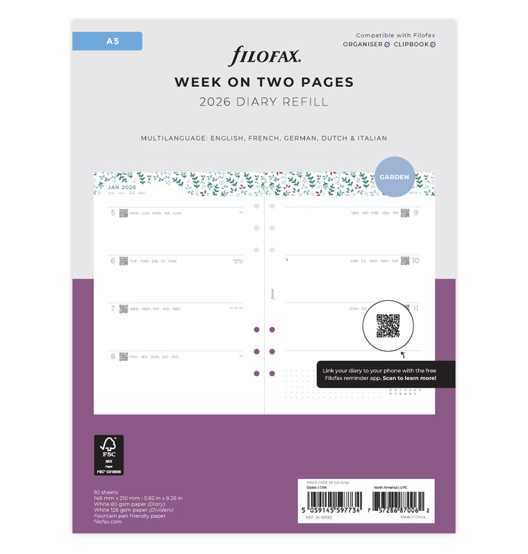 Aazon.co : Filofax Calendar Diary Refill, A5 Size, Week-to-View, Inial Diary Pack, White