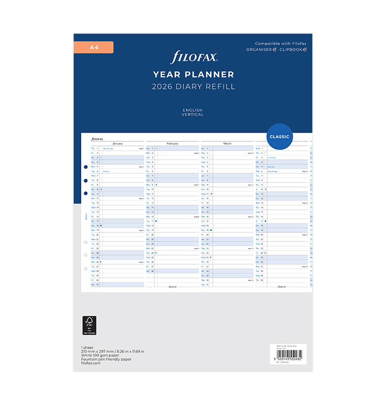 Vertical Year Planner - A4 2026 English