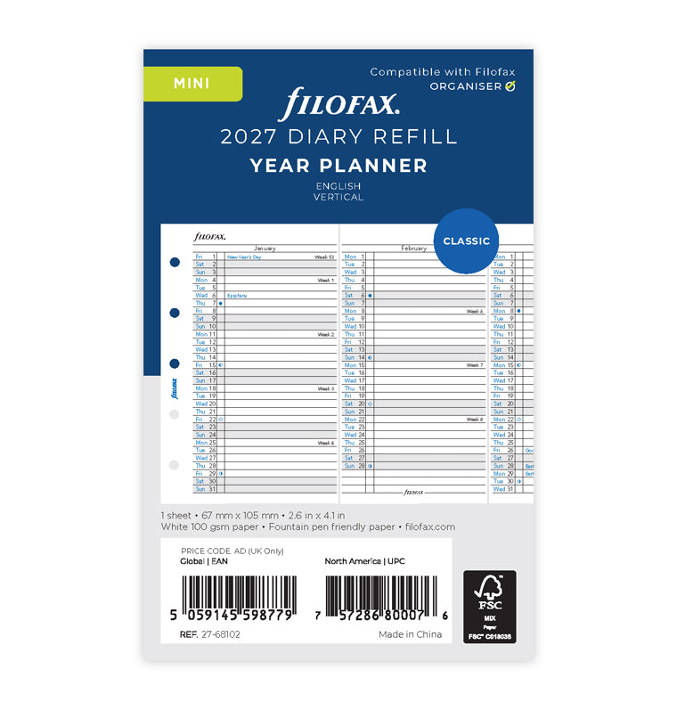 Filofax Vertical Year Planner - Mini 2027 English 27-68102
