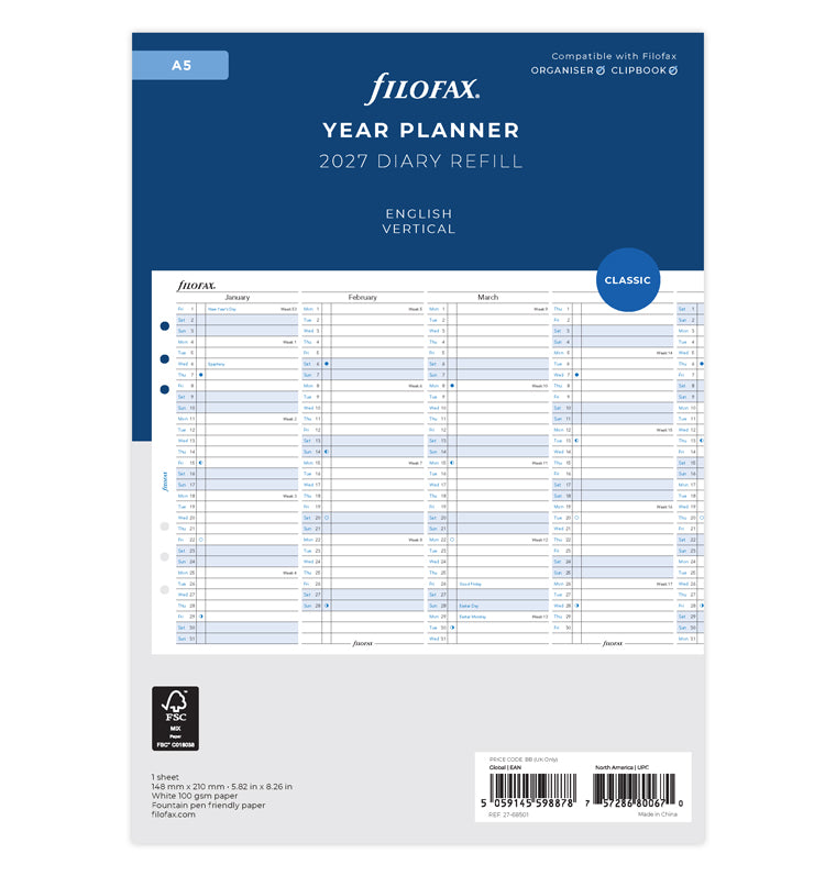 Filofax Vertical Year Planner - A5 2027 English 27-68501