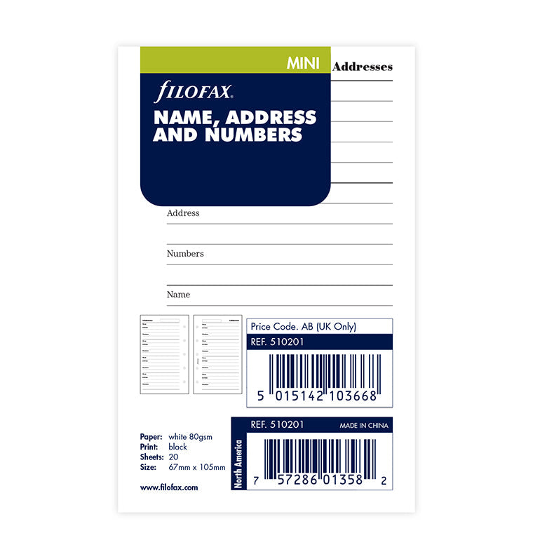 Name, Address And Telephone Number Refill - Mini