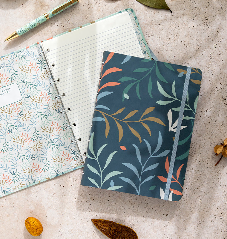 Filofax Botanical A5 Refillable Notebook in Blue, with open Botanical Mint Notebook behind