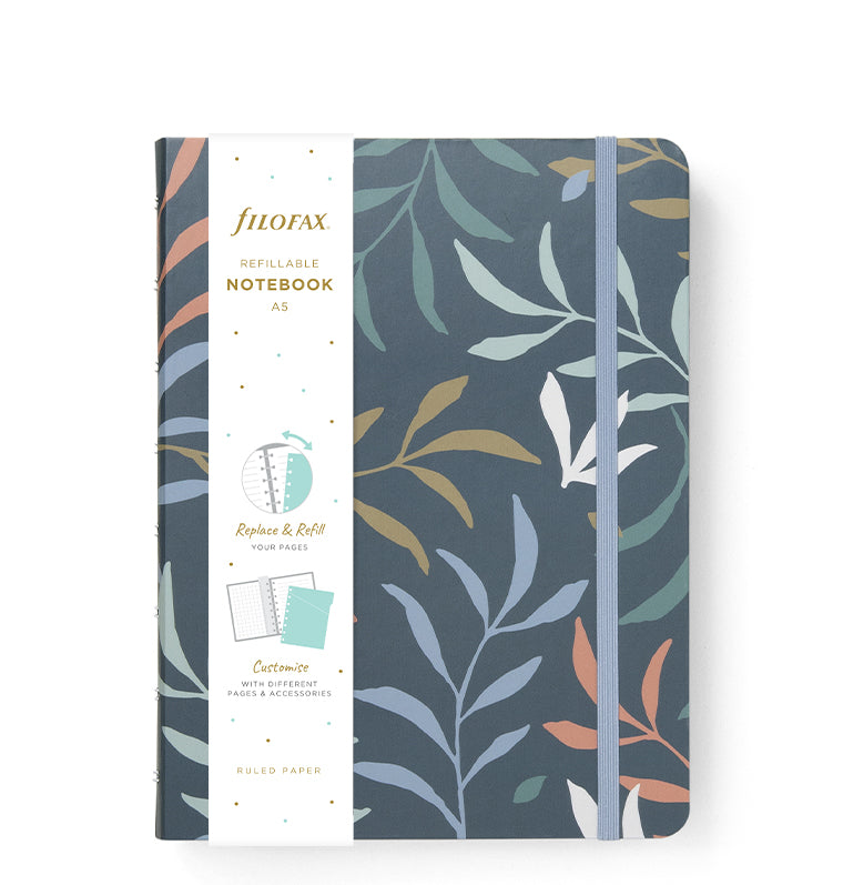 Filofax Botanical A5 Refillable Notebook in Blue with packaging