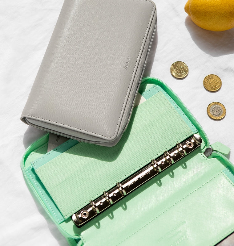 Filofax Saffiano Personal Compact Zip Organiser in Granite and Neo Mint Colours - can be used as a wallet or purse