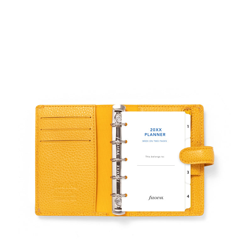 Filofax Finsbury Mini Leather Organiser in Mustard Yellow - with dairy, dividers, ruler and more