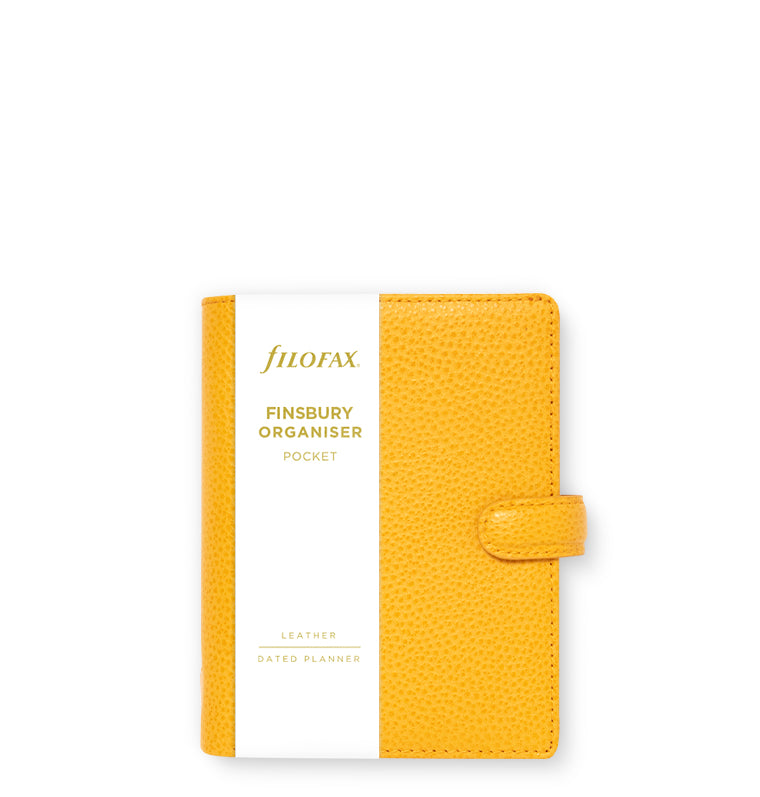 Filofax Finsbury Pocket Leather Organiser in Mustard Yellow in packaging