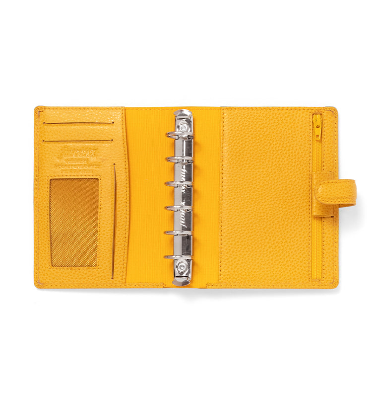 Filofax Finsbury Pocket Leather Organiser in Mustard Yellow - open empty