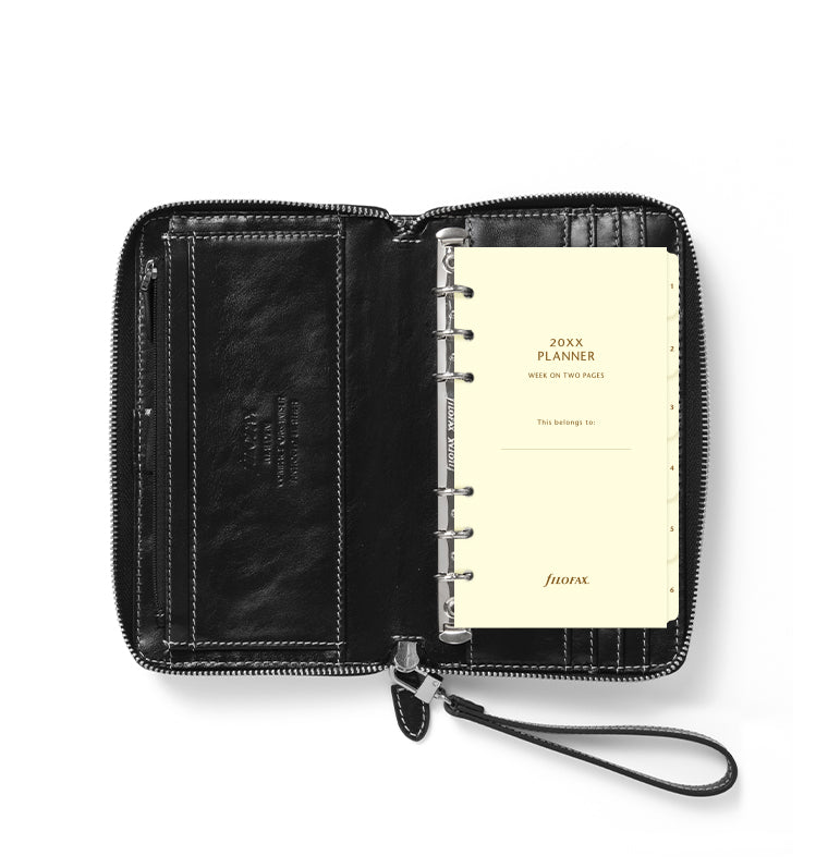 Filofax Malden Personal Compact Zip Leather Organiser in Black - with organiser inside