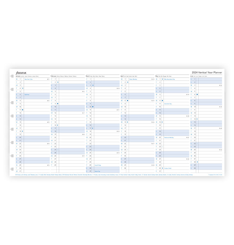 Refillable Notebook Year Planner Refill - A5 2024 Multilanguage - Filofax