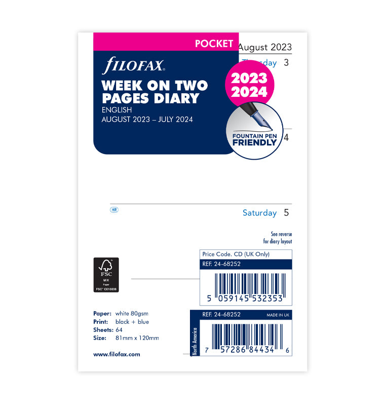 Week On Two Pages Academic Filofax Diary Refill Pocket 2023-2024