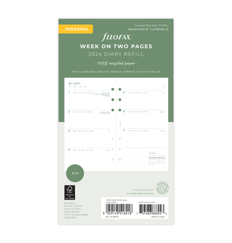 Filofax Eco Week On Two Pages 2024 Diary Refill - Personal size - packaging