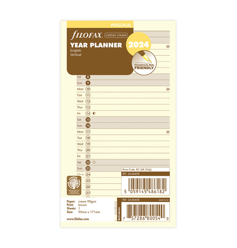 Filofax Vertical 2024 Year Planner Refill - Personal Packaging Cotton cream