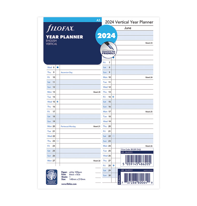Filofax Vertical 2024 Year Planner Refill - A5 packaging