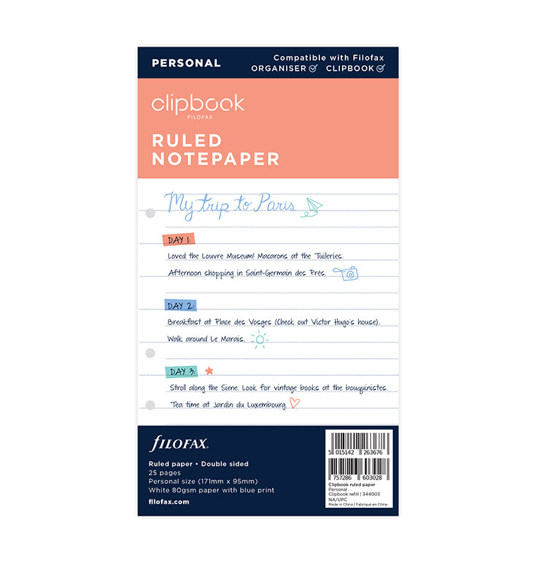 Clipbook Ruled Notepaper Refill - Personal Size in packaging