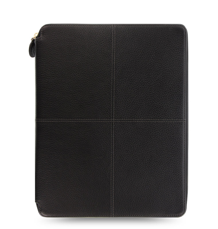 Classic Stitch Soft A4 Zip Writing Folio in Black Leather