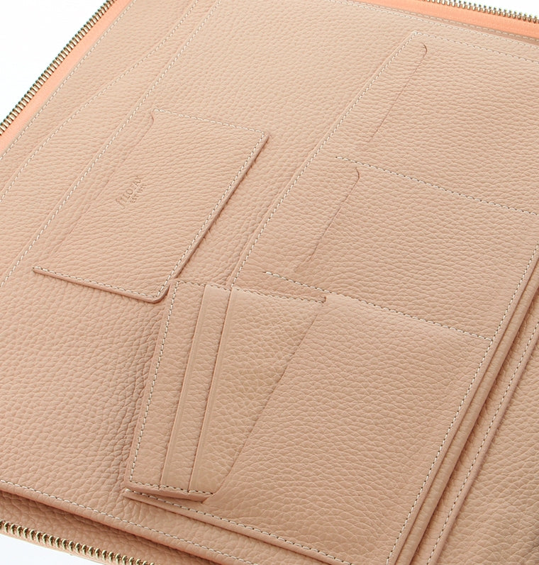 Classic Stitch Soft A4 Zip Writing Folio in Peach Leather - inside details
