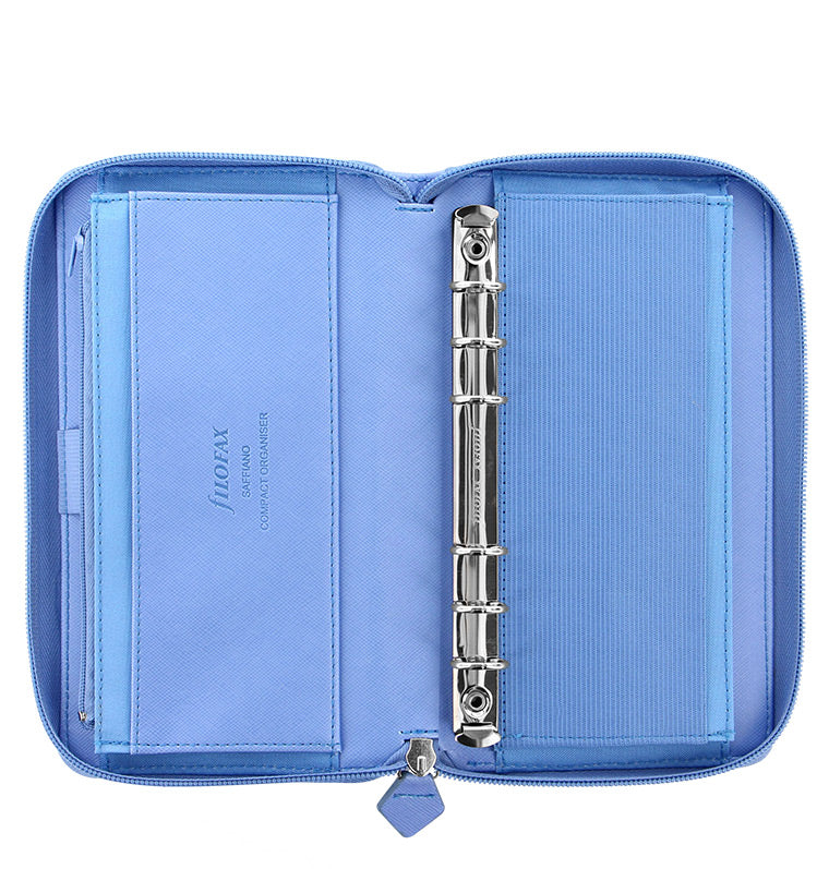 Filofax Saffiano Personal Compact Zip Organiser in Vista Blue - can be used as a wallet or purse